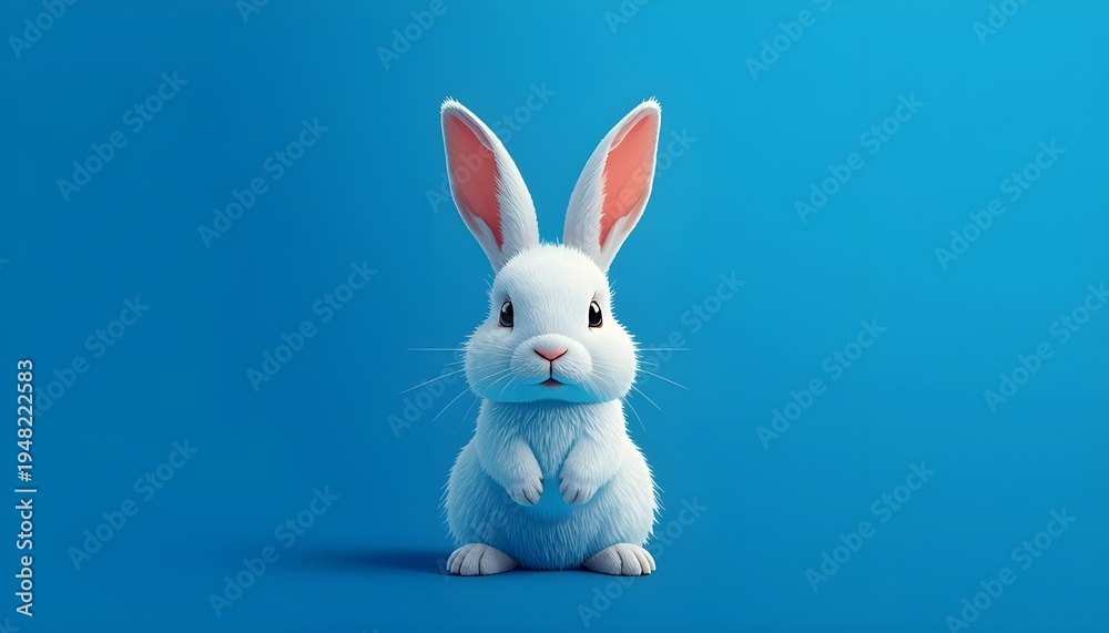 Obraz premium A cute white rabbit with pink ears standing on a blue background