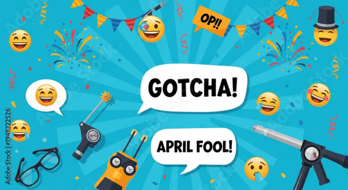 Colorful april fools' day celebration with emojis and prank expressions on blue background
