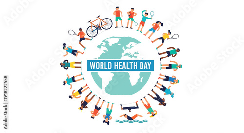 People engaging in various activities surrounding a world health day emblem