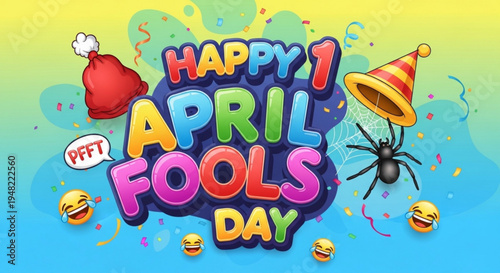 Colorful april fools day celebration with laughing emojis and prank elements on yellow and blue background