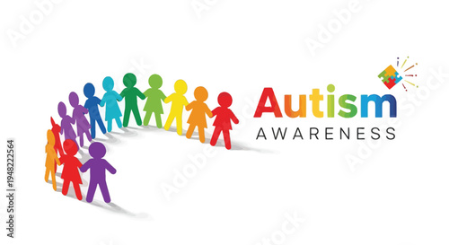 Colorful figures holding hands with autism awareness ribbon and text