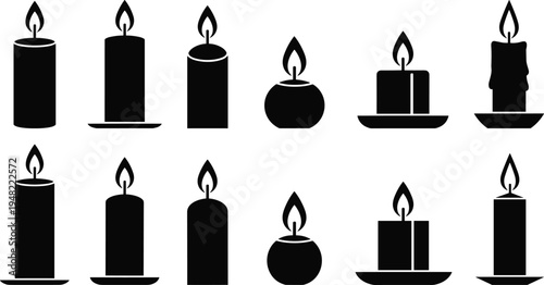 Black candle silhouette icons set with burning flames and various wax shapes for memorial service relaxation spa and religious vector decoration