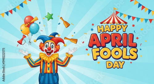 Colorful clown celebrating happy april fools' day with balloons and confetti on light blue background
