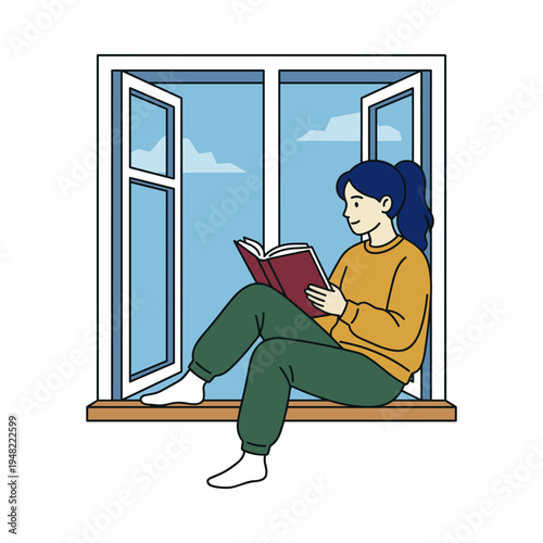 Young woman sitting on windowsill reading book calm home study and learning concept
