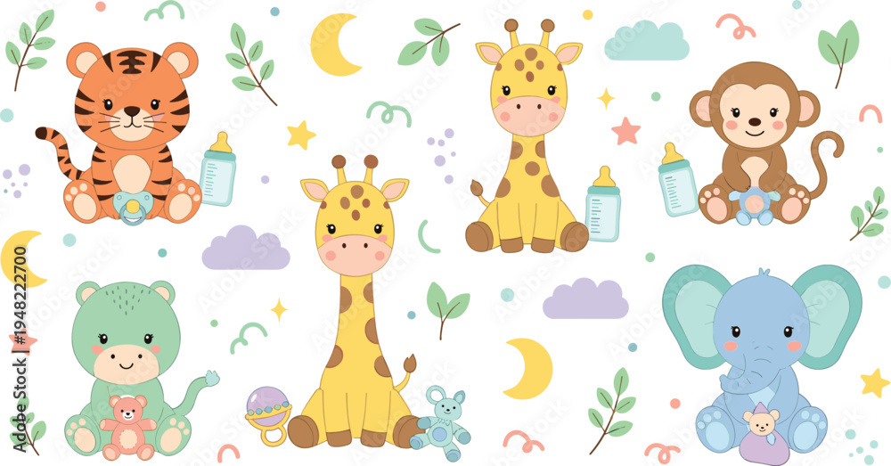 Fototapeta premium Cute Baby Jungle Animals with Bottles Toys Moon Clouds Nursery Cartoon Tiger Giraffe Monkey Elephant Vector Illustration Set