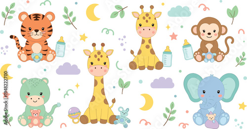 Cute Baby Jungle Animals with Bottles Toys Moon Clouds Nursery Cartoon Tiger Giraffe Monkey Elephant Vector Illustration Set
