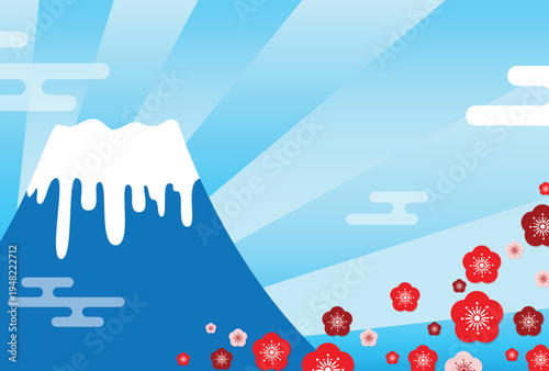 Mount Fuji with Plum Blossom Flowers Japanese Traditional Background Illustration