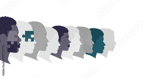 Diverse group of people represented as silhouettes with a missing puzzle piece