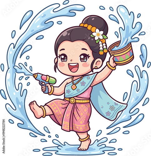 cute chibi Thai girl dancing happily during Songkran festival