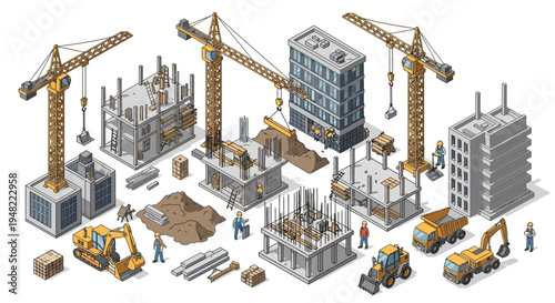 Isometric illustration of a busy construction site with multiple buildings
