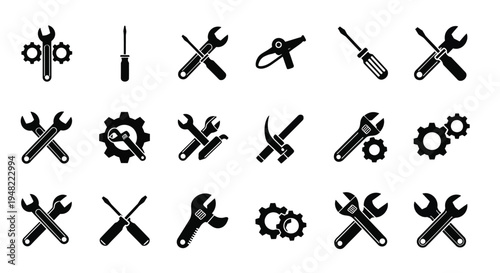 Collection of black silhouette tools including wrenches screwdrivers and gears