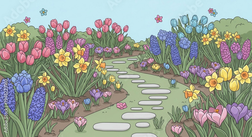 Vibrant garden pathway with colorful flowers and stepping stones on transparent background