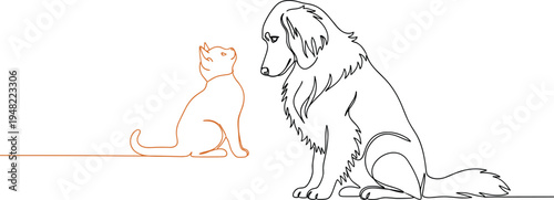 Minimalist line art illustration of friendly dog and cat sitting together pet companionship concept simple outline vector isolated on background