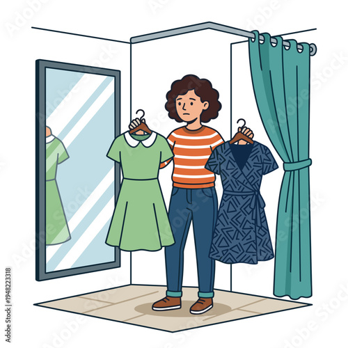 Woman choosing between two dresses in fitting room fashion shopping decision concept
