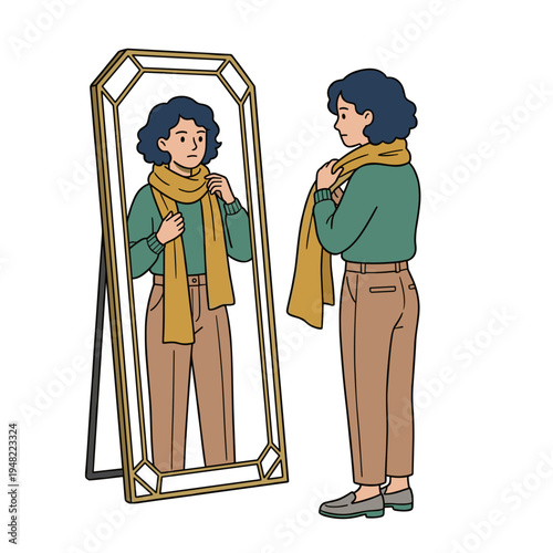 Woman trying on warm scarf while looking in mirror seasonal fashion concept