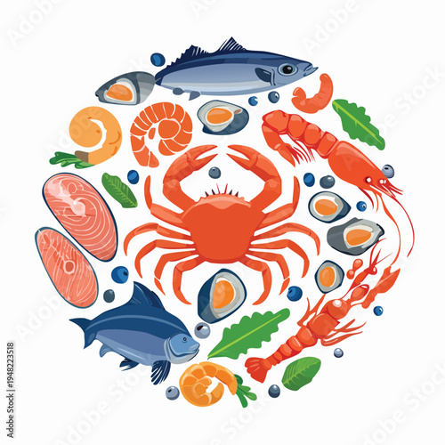 Fresh seafood assortment crab fish shrimp and mussels in circular design