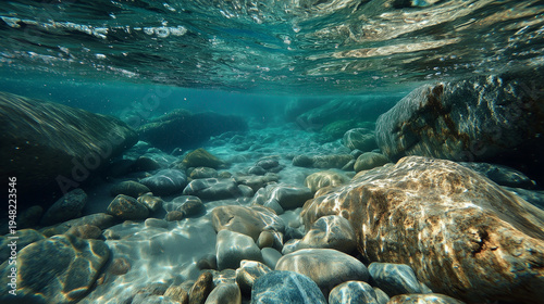 Undersea view of a clear water with rocks at the bottom tranquil water world, crystal clear sea, beautiful light