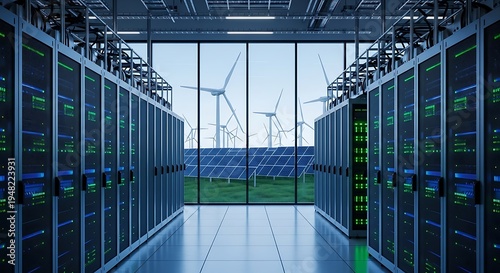 Modern data center with rows of servers and a glimpse of renewable energy sources including wind turbines and solar panels reflecting sustainable