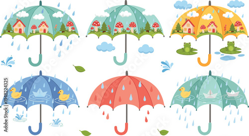 Cute Rainy Weather Umbrella Set with Village Ducks Frog Clouds Raindrops Cartoon Nature Vector Illustration Collection