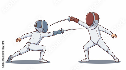 Two skilled fencers clad in protective gear duel with intense focus, showcasing athleticism and strategy in this dynamic display of sport and competition.
