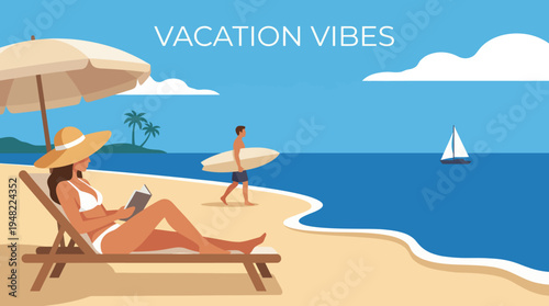 This vibrant beach scene encapsulates vacation vibes with a relaxing atmosphere, featuring sunbathers, surfboards, and a tranquil ocean view, inviting relaxation and enjoyment.
