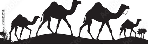 Silhouette of camels walking across a desert landscape with palm trees in the background Vector, illustration
