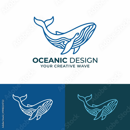 A modern whale logo design for Oceanic Design, combining elements of nature and creativity to reflect a unique brand identity and connection to the ocean's beauty.