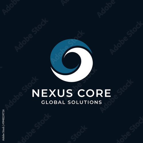 An abstract logo for Nexus Core, featuring a swirl design representing connection and collaboration, ideal for a global solutions firm aiming for innovative strategies.