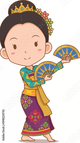 A charming illustration of a cultural dancer gracefully holding fans, showcasing traditional attire, perfect for representing cultural festivities and celebrations.