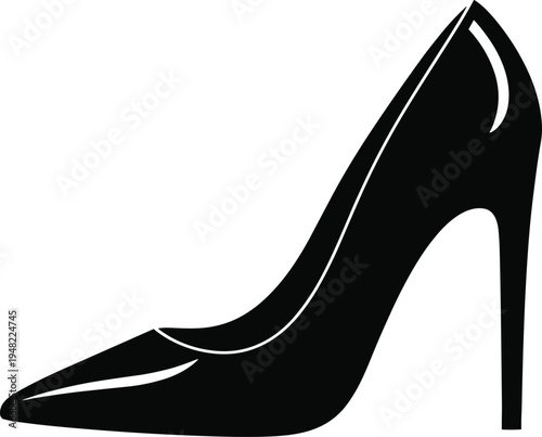 Black high heel shoe icon, elegant stiletto pump vector silhouette, fashion footwear illustration, isolated feminine accessory for glamorous party style design.