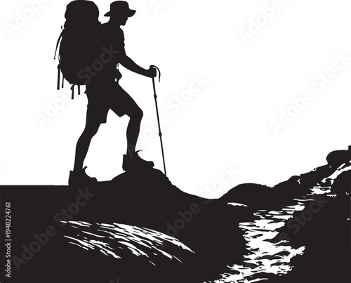 Determined hiker navigating rocky stream terrain with trekking poles Vector, illustration