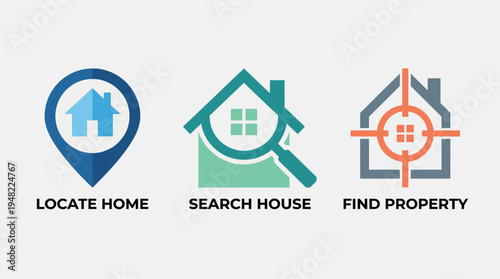This set of home searching icons combines imagery of houses and location markers, perfect for real estate applications focused on helping clients find their dream homes.