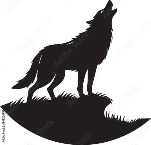 A lone howling wolf standing on a patch of grass silhouette against a plain background Vector, illustration