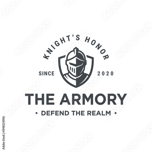 A strong, bold logo design featuring a knight's shield and helmet that embodies bravery and valor, suitable for a medieval-themed brand or event.