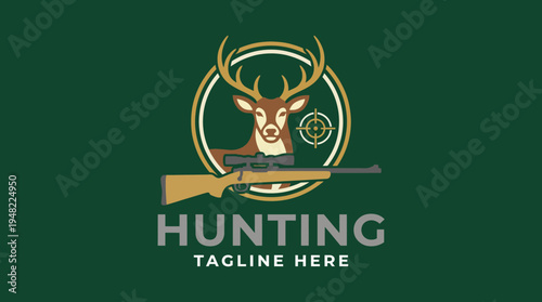 An illustrated hunting logo showcasing a deer with antlers, combined with a rifle and a target, symbolizing passion for nature and hunting, ideal for outdoor enthusiasts.