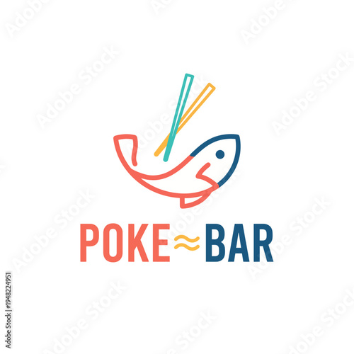 A playful and modern logo for a poke bar featuring a stylized fish and chopsticks, embodying freshness and a contemporary dining experience for seafood lovers delightfully.