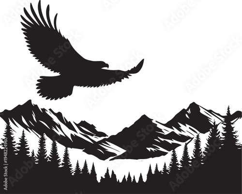 Majestic eagle soaring over mountainous terrain with dense forest below Vector, illustration