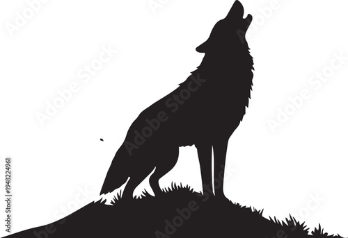 Silhouette of a howling wolf standing on a grassy hill at dusk Vector, illustration