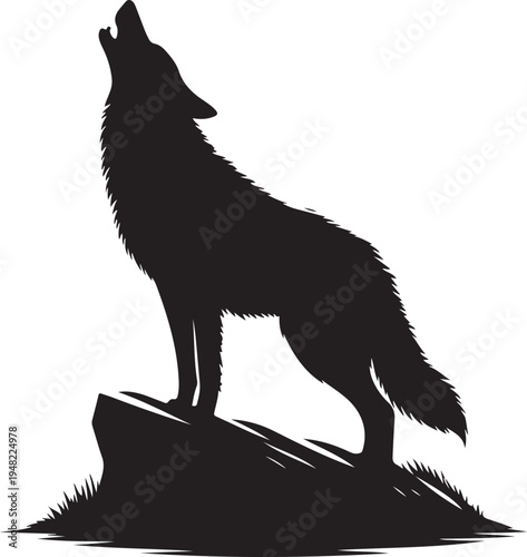 Majestic silhouette of a howling wolf perched on a rock Vector, illustration