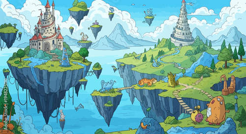 Pixel Art Fantasy Landscape with Floating Islands and Castles