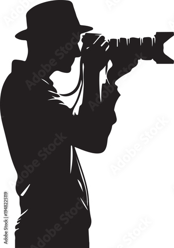 Mysterious figure aiming a camera with a fedora hat in silhouette Vector, illustration