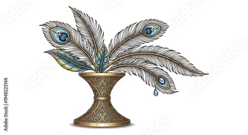 Elegant Peacock Feathers in Ornate Golden Vase with Jewels