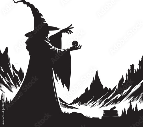 Witch casting a spell over a misty, mountainous landscape at dusk Vector, illustration