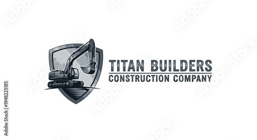 Construction Company Logo with Excavator and Shield