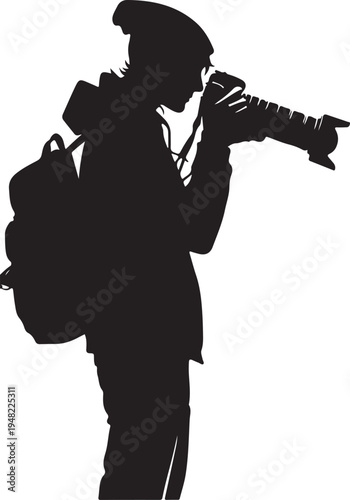 Silhouette of a photographer capturing moments with a professional camera. Vector, illustration