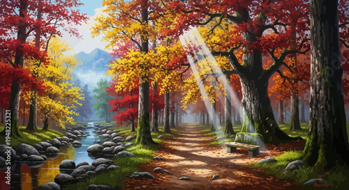 Autumn forest path with sunbeams shining through colorful trees and a stream