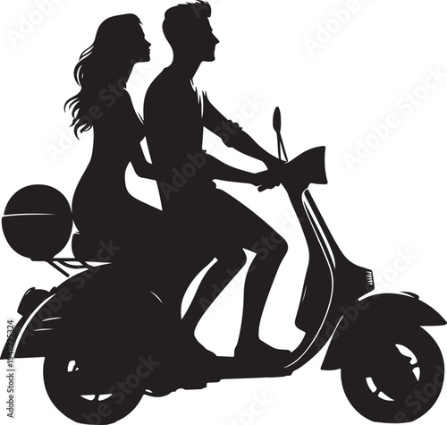 Couple enjoying a ride on a classic scooter together Vector, illustration