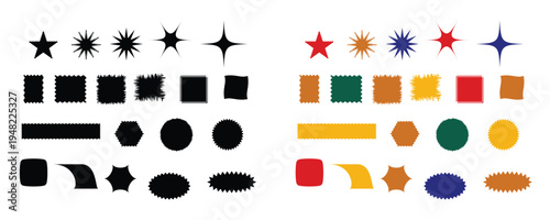Abstract Shape Vector Set, Hand Drawn Black and Colorful Starburst Badge Burst Label and Sticker Elements for Sale Tag, Promotion, Infographic and UI Highlight.