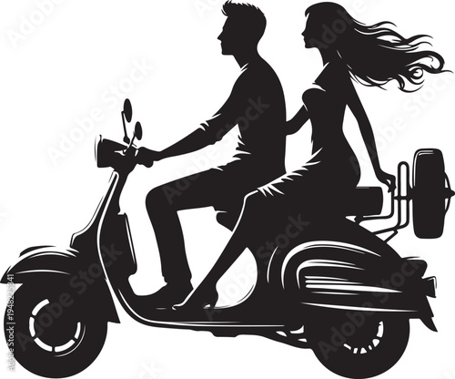 Couple enjoying a scenic ride on a vintage scooter together Vector, illustration