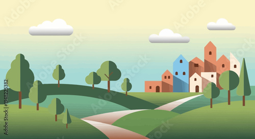 Idyllic village landscape with rolling hills, trees, and winding paths.